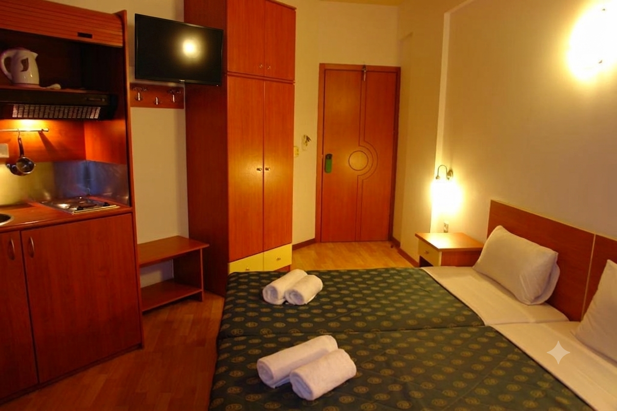Cozy studio room with kitchenette and warm lighting at Hotel Filoxenia Beach